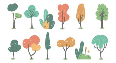 El Çizimi Karikatür Ağaçları Clipart Set Şirin Doodle Stili, Dijital Tasarım, Etiketler ve Baskılar için Doğa İllüstrasyonu