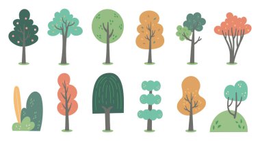 El Çizimi Karikatür Ağaçları Clipart Set Şirin Doodle Stili, Dijital Tasarım, Etiketler ve Baskılar için Doğa İllüstrasyonu
