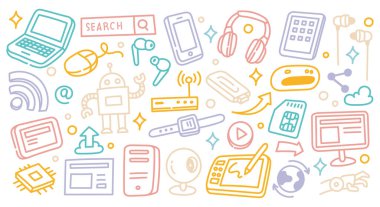 Renkli Teknoloji Doodle Simgeleri Elle Çizilmiş Dijital Aygıtlar, Gadget 'lar ve İnternet Sembolleri Vektör Resimleri