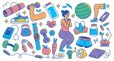 Sağlıklı Yaşam Tarzı ve Egzersiz Tasarımı İçin Renkli Doodle Egzersiz Fitness Simgeleri