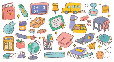 Education Doodle İllüstrasyonu. Okul Malzemeleri, Kitapları, Bilim Simgeleri ve Vektör Biçiminde Öğrenme Araçları ile Renkli El Çizimi Sanatı