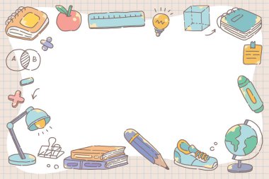 Okul eşyaları çerçevesi. Okul posterine veya afiş tasarım şablonuna geri dön