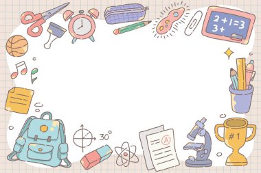 Okul eşyaları çerçevesi. Okul posterine veya afiş tasarım şablonuna geri dön