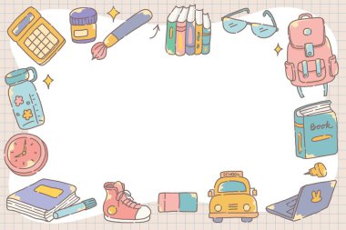 Okul eşyaları çerçevesi. Okul posterine veya afiş tasarım şablonuna geri dön