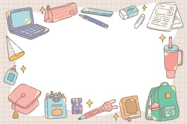 Okul eşyaları çerçevesi. Okul posterine veya afiş tasarım şablonuna geri dön