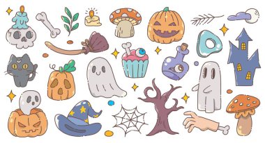 Halloween Doodle Clipart Set. Etiketler, Davetiyeler ve El Sanatları İçin Şirin Ürkütücü Çizimler