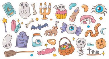 Halloween Doodle Clipart Set. Etiketler, Davetiyeler ve El Sanatları İçin Şirin Ürkütücü Çizimler