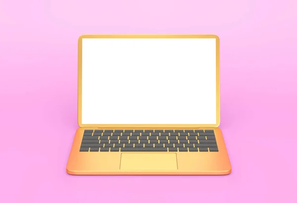 Złoty Laptop Pustym Ekranem Odizolowanym Fioletowym Tle Rendering Ścieżką Wycinania — Zdjęcie stockowe