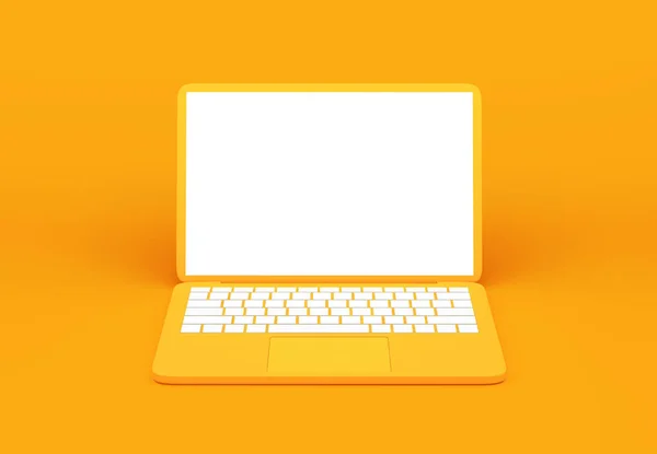 Žlutý Notebook Prázdnou Obrazovkou Oranžovém Pozadí Vykreslování Oříznutou Cestou — Stock fotografie