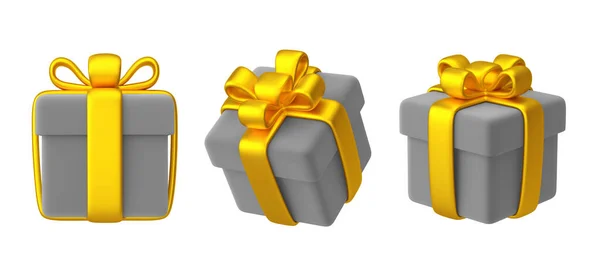 灰色礼品盒 金色缎带 蝴蝶结与白色背景隔离 带有剪切路径的3D渲染 — 图库照片