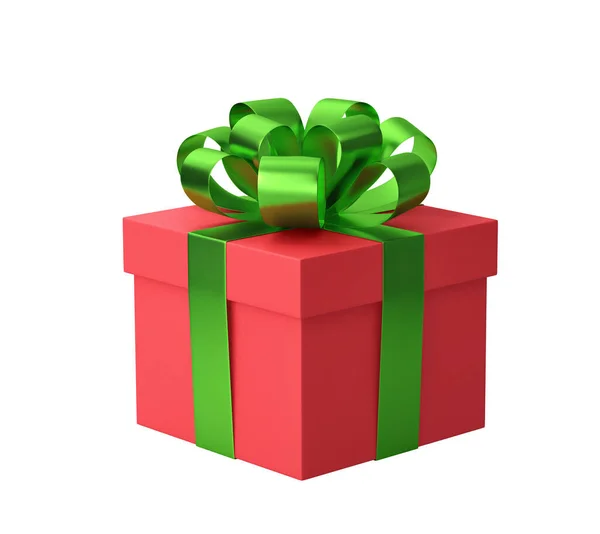 Червона Подарункова Коробка Зеленою Стрічкою Ізольована Білому Візуалізація Відсічним Контуром Ліцензійні Стокові Фото
