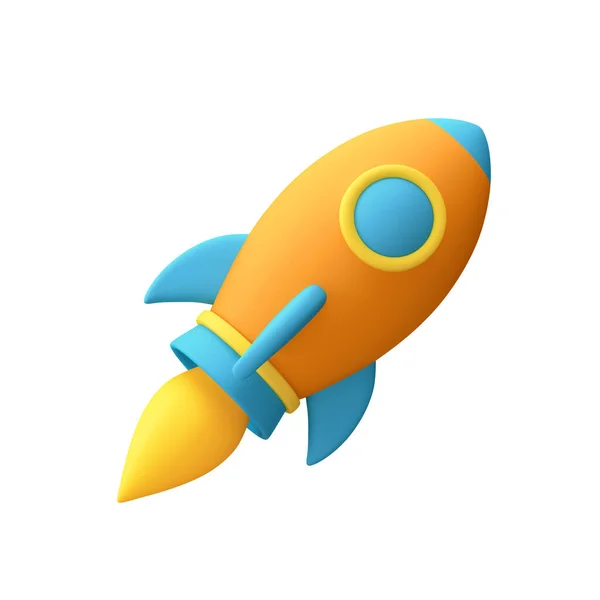 橙色和蓝色的宇宙飞船图标 在白色背景上孤立的卡通火箭 3D渲染 — 图库照片