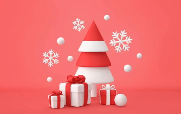 红白相间的圣诞树 礼物盒装 雪片红色背景 3D渲染 — 图库照片