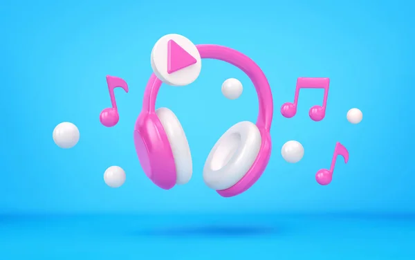 耳机和音乐笔记在蓝色的背景上飘扬 音乐应用的概念 3D渲染 — 图库照片