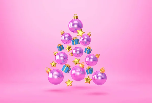 Bolas Bugiganga Natal Caixas Presente Estrelas Douradas Forma Uma Árvore — Fotografia de Stock