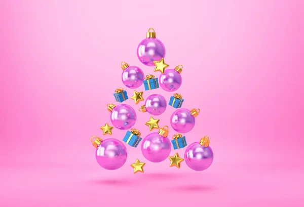 Bolas Bugiganga Natal Caixas Presente Estrelas Douradas Forma Uma Árvore Fotos De Bancos De Imagens