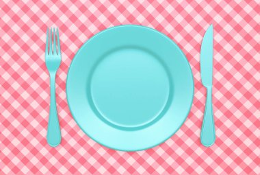 Blue plate with fork and knife on a pink checkered tablecloth. Top view. 3D rendering