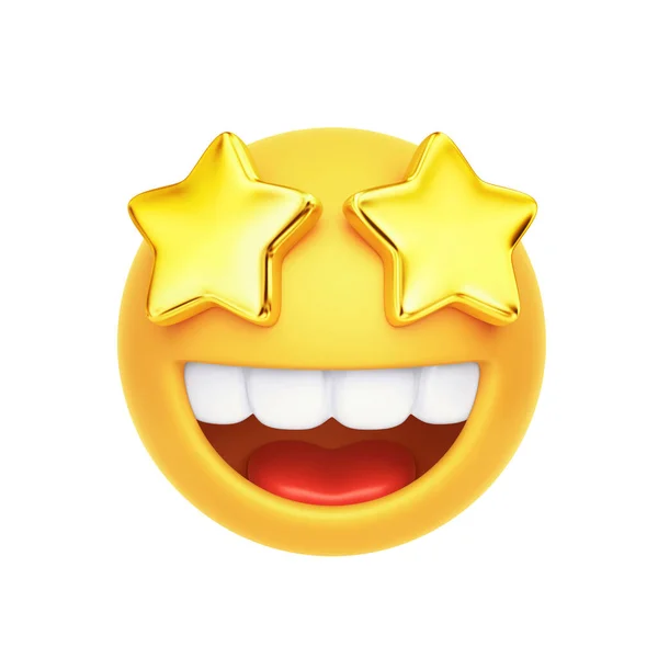 Emoji Com Olhos Estrelados Dourados Sorriso Aberto Isolado Fundo Branco — Fotografia de Stock