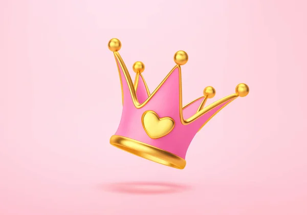 Zlatá Růžová Princezna Koruny Srdcem Izolované Růžovém Pozadí Vykreslování Oříznutou — Stock fotografie