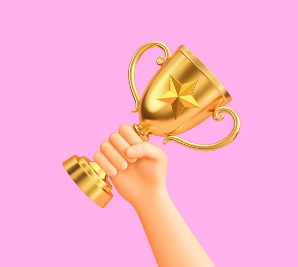 Hand Holding Golden Champion Cup Trophy Isolated Purple Background Success — Stock Photo, Image