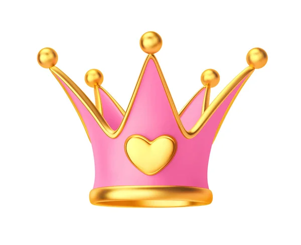 Coroa Ouro Princesa Rosa Com Coração Isolado Fundo Branco Renderização — Fotografia de Stock