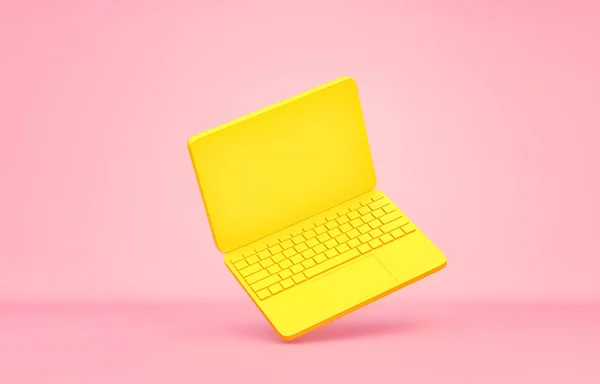 Żółty Laptop Lecący Różowym Tle Rendering Ścieżką Wycinania — Zdjęcie stockowe