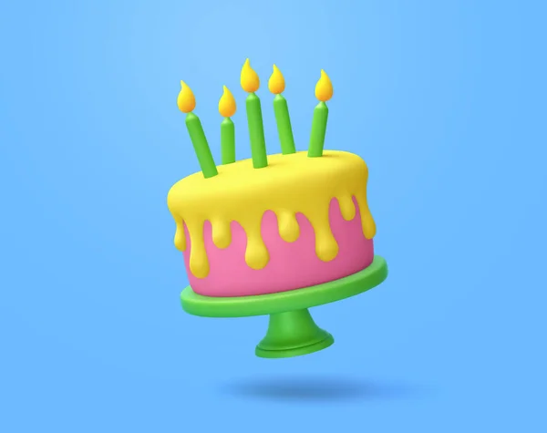 飞卡通蛋糕与蜡烛隔离蓝色背景 带有剪切路径的3D渲染 — 图库照片