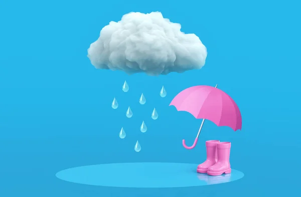 Pinkfarbener Regenschirm Und Gummistiefel Unter Regenwolken Auf Blauem Hintergrund Rendering — Stockfoto
