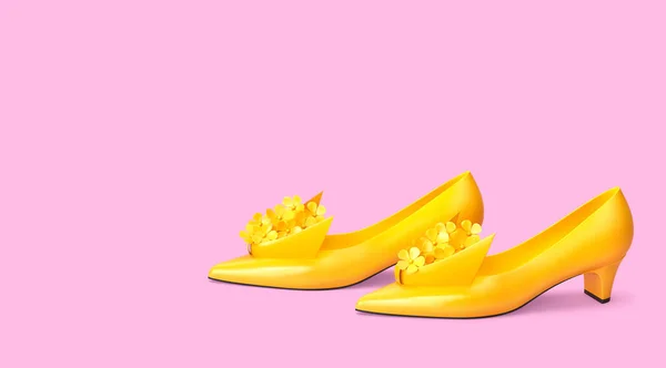 Κίτρινα Παπούτσια Φιόγκο Και Διακόσμηση Λουλουδιών Ροζ Φόντο Απόδοση Διαδρομή — Φωτογραφία Αρχείου