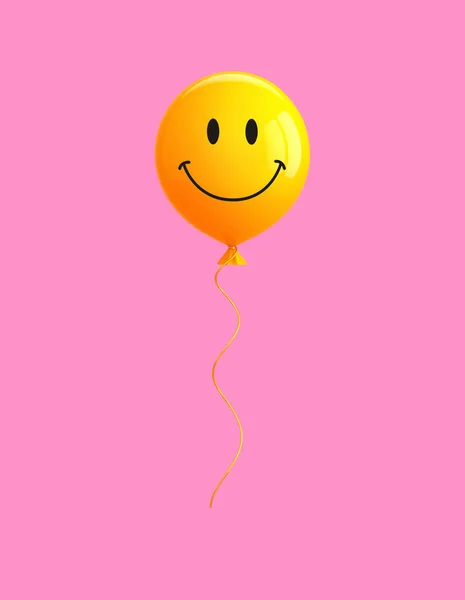 Globo Amarillo Con Cara Sonrisa Aislada Sobre Fondo Rosa Sólido — Foto de Stock