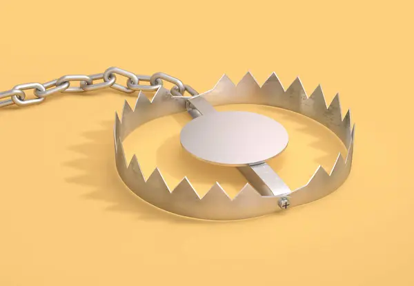 Open metal bear trap with metal chain on yellow background. 3D rendering