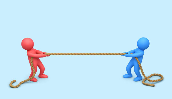 Перетягивание каната. Два 3d человек тянет веревку изолированы на синем фоне. 3D рендеринг с помощью clippng