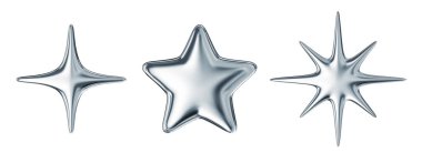 Beyaz arka planda izole edilmiş gümüş parıldayan yıldızlar. Kırpma yolu ile 3B görüntüleme