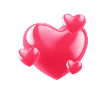 Beyaz arka planda izole edilmiş pembe parlak kalpler. Emoji ikonu. Kırpma yolu ile 3B görüntüleme