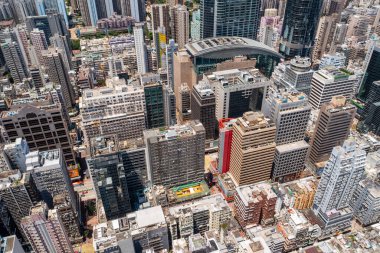 Mong Kok, Hong Kong - 23 Ağustos 2021: Hong Kong şehrinin hava manzarası