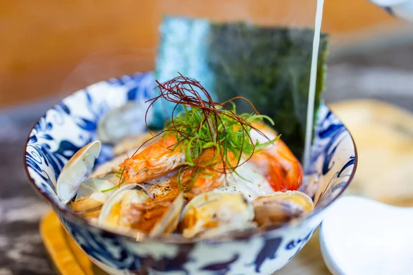 Seafood Škeble Krevety Japonská Ramen Mísa — Stock fotografie