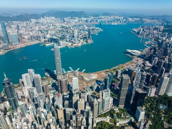 Hong Kong Dezembro 2021 Drone Voa Até Cidade Hong Kong — Fotografia de Stock