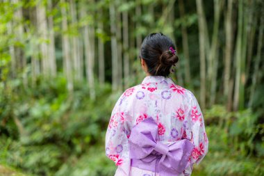 Kadının arka görünüşü parkta yukata giyer.