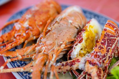 Sebze dekorasyonunda haşlanmış ıstakoz.