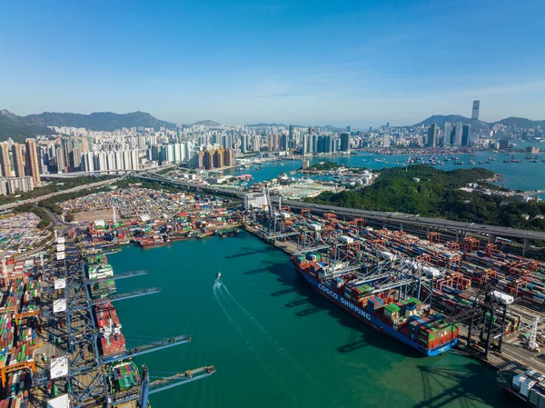 Hong Kong Dezembro 2021 Vista Superior Porto Terminais Carga Cidade — Fotografia de Stock