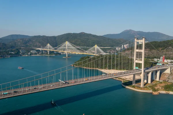 Hong Kong Listopada 2021 Drone Przelatują Nad Mostem Ting Kau — Zdjęcie stockowe