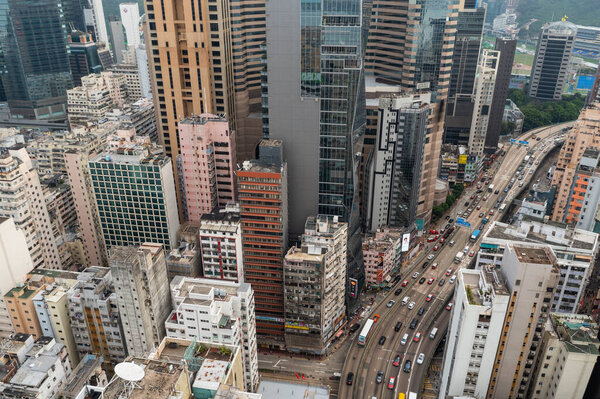 Causeway Bay, Hong Kong - 02 November 2021: Top view of Hong Kong commercial district
