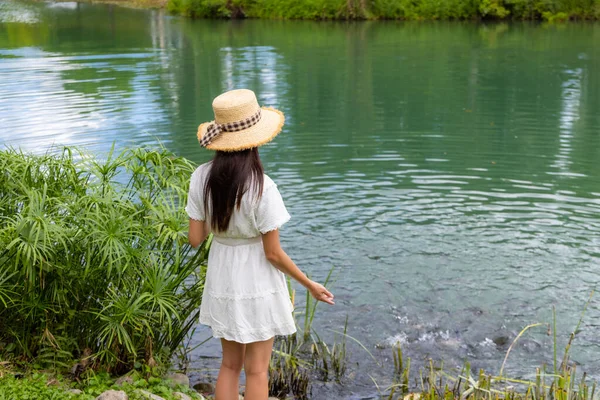 Woman Feed Crap Fish Water Pond Lake Natural Landscape — Stock Photo, Image