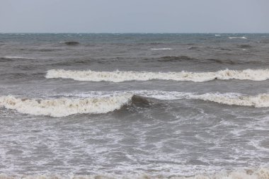 Büyük deniz dalgaları kıyı şeridine çarpıyor.