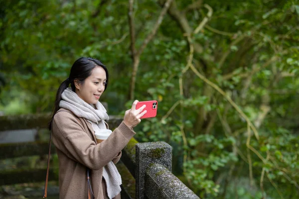 Woman Photographing Forest Phone — Stockfoto