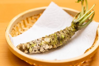 Japanese root of wasabi on the basket