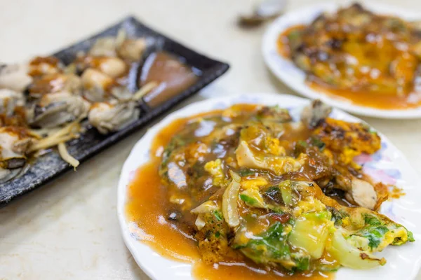 Oyster Omelette Taiwan Famoso Cibo Mercato Strada — Foto Stock