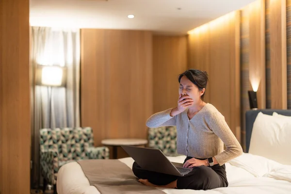 Woman Feel Tired Using Laptop Computer Long Bed — Stock Photo, Image