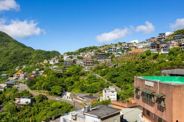 Tayvan - 04 Ağustos 2022: Dağdaki Tayvan Jiufen Köyü