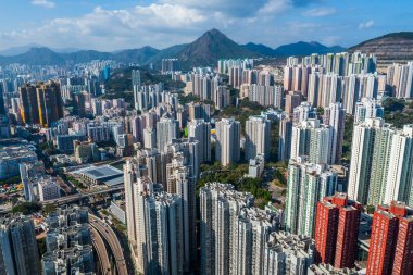 Hong Kong - 29 Şubat 2020: Kowloon tarafında Hong Kong 'un üst manzarası